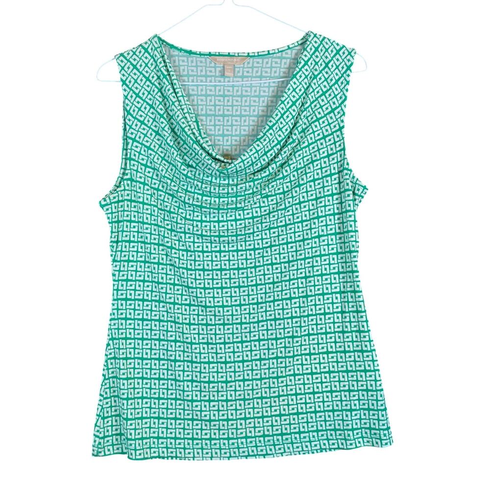 Banana Republic Women Blouse Green White Petite Scoop Neck Sleeveless Stretch SP